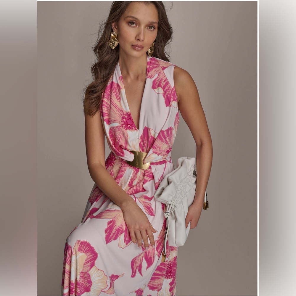 NWT Donna Karan Floral A-Line Midi Dress. Size 12. Misty Rose Pink - Picture 3 of 10